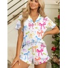 image:imageEkouaer Womens Pajama Sets Button Down Short Sleeve Top and Shorts Cute Ruffled Pjs Sets SleepwearColorful Bow