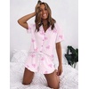 image:imageEkouaer Womens Pajama Sets Button Down Short Sleeve Top and Shorts Cute Ruffled Pjs Sets SleepwearPink Stripe Bow