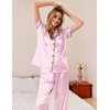 image:imageEkouaer Womens Silky Satin Pajamas Set Short Sleeve Button Down Sleepwear 2 Piece Lounge Set Pj SetPink Stripes