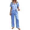 image:imageEkouaer Womens Silky Satin Pajamas Set Short Sleeve Button Down Sleepwear 2 Piece Lounge Set Pj SetBlue