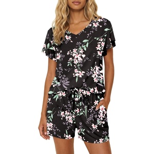 image:imageEkouaer Pajamas Set Women Casual Ruffle Sleeves Soft Comfy Loungewear Set with PocketsBlack Florals