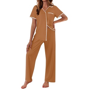 image:imageEkouaer Women Pajamas Button Down Notch Collar Soft Short Sleeve Pjs with Long Pant Lounge SetKhaki