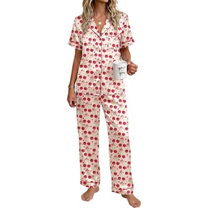 image:imageEkouaer Womens Silky Satin Pajamas Set Short Sleeve Button Down Sleepwear 2 Piece Lounge Set Pj SetBeige Cherry