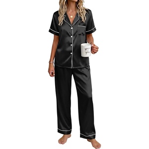 image:imageEkouaer Womens Silky Satin Pajamas Set Short Sleeve Button Down Sleepwear 2 Piece Lounge Set Pj SetBlack