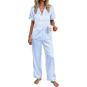 image:imageEkouaer Womens Silky Satin Pajamas Set Short Sleeve Button Down Sleepwear 2 Piece Lounge Set Pj SetBlue Stripes