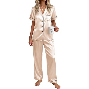 image:imageEkouaer Womens Silky Satin Pajamas Set Short Sleeve Button Down Sleepwear 2 Piece Lounge Set Pj SetChampagne