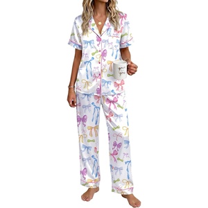 image:imageEkouaer Womens Silky Satin Pajamas Set Short Sleeve Button Down Sleepwear 2 Piece Lounge Set Pj SetColorful Bow Knot