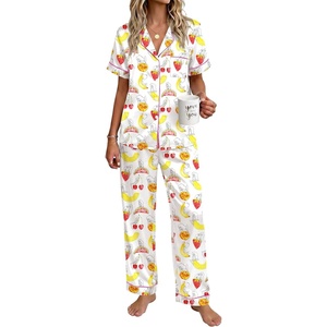 image:imageEkouaer Womens Silky Satin Pajamas Set Short Sleeve Button Down Sleepwear 2 Piece Lounge Set Pj SetFruit and Woman