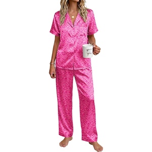 image:imageEkouaer Womens Silky Satin Pajamas Set Short Sleeve Button Down Sleepwear 2 Piece Lounge Set Pj SetHot Pink Leopard