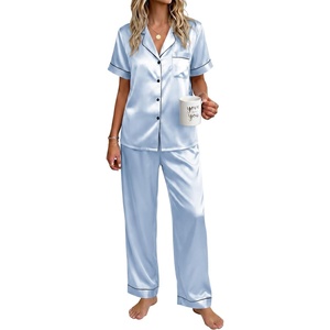 image:imageEkouaer Womens Silky Satin Pajamas Set Short Sleeve Button Down Sleepwear 2 Piece Lounge Set Pj SetLight Blue