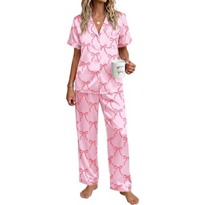 image:imageEkouaer Womens Silky Satin Pajamas Set Short Sleeve Button Down Sleepwear 2 Piece Lounge Set Pj SetPink Bow Knot