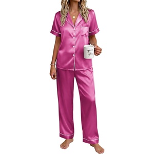 image:imageEkouaer Womens Silky Satin Pajamas Set Short Sleeve Button Down Sleepwear 2 Piece Lounge Set Pj SetRose Red