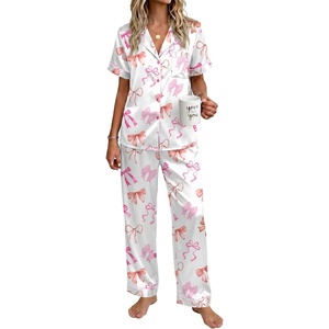 image:imageEkouaer Womens Silky Satin Pajamas Set Short Sleeve Button Down Sleepwear 2 Piece Lounge Set Pj SetWhite Bow