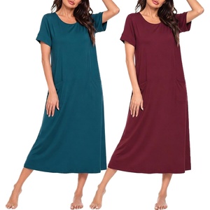 image:imageEkouaer 2 Pack Long Nightgowns for Women Short Sleeve Crew Neck Soft House Dress Loungewear Nightshirt with Pockets S3XLBlue GreenWine Red