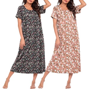 image:imageEkouaer 2 Pack Long Nightgowns for Women Short Sleeve Crew Neck Soft House Dress Loungewear Nightshirt with Pockets S3XLFloral ClusterslBlack Floral