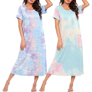 image:imageEkouaer 2 Pack Long Nightgowns for Women Short Sleeve Crew Neck Soft House Dress Loungewear Nightshirt with Pockets S3XLPink TiedyePurple Tiedye