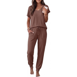 image:imageEkouaer Pajamas for Women Set Short Sleeve Lounge Set Jogger Pants Pjs Soft Sleepwear with Pockets SXXLBrown