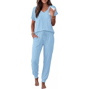 image:imageEkouaer Pajamas for Women Set Short Sleeve Lounge Set Jogger Pants Pjs Soft Sleepwear with Pockets SXXLLight Blue
