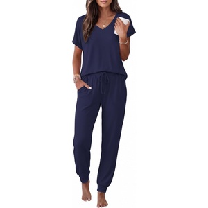 image:imageEkouaer Pajamas for Women Set Short Sleeve Lounge Set Jogger Pants Pjs Soft Sleepwear with Pockets SXXLNavy