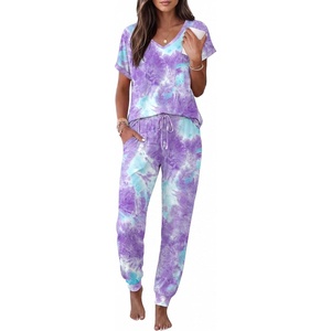 image:imageEkouaer Pajamas for Women Set Short Sleeve Lounge Set Jogger Pants Pjs Soft Sleepwear with Pockets SXXLTiedye Purple