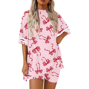 image:imageEkouaer Womens Pajamas 2 Piece Lounge Set Casual Oversized Short Sleeve Tops Biker Shorts Set Comfy Pjs Outfits SXXLBow Knot Pink Red