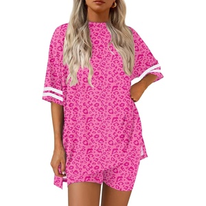 image:imageEkouaer Womens Pajamas 2 Piece Lounge Set Casual Oversized Short Sleeve Tops Biker Shorts Set Comfy Pjs Outfits SXXLLeopard Rose