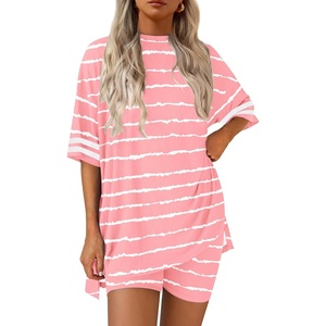 image:imageEkouaer Womens Pajamas 2 Piece Lounge Set Casual Oversized Short Sleeve Tops Biker Shorts Set Comfy Pjs Outfits SXXLPink Striped