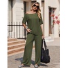 image:imageEkouaer Lounge Sets for Women Off ShoulderRight Short Sleeve Tops and Long Pants 2 Piece Set Summer Soft Matching OutfitArmy Green