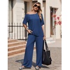 image:imageEkouaer Lounge Sets for Women Off ShoulderRight Short Sleeve Tops and Long Pants 2 Piece Set Summer Soft Matching OutfitBlue