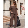 image:imageEkouaer Lounge Sets for Women Off ShoulderRight Short Sleeve Tops and Long Pants 2 Piece Set Summer Soft Matching OutfitBrown