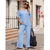 image:imageEkouaer Lounge Sets for Women Off ShoulderRight Short Sleeve Tops and Long Pants 2 Piece Set Summer Soft Matching OutfitClear Blue