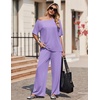 image:imageEkouaer Lounge Sets for Women Off ShoulderRight Short Sleeve Tops and Long Pants 2 Piece Set Summer Soft Matching OutfitLilac