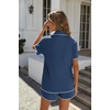 image:imageEkouaer Womens Ribbed Button Down Pajamas Sets 2 Piece Short Sleeve Shorts Pjs Knit Lounge SetsDeep Blue