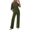 image:imageEkouaer Lounge Sets for Women Off ShoulderRight Short Sleeve Tops and Long Pants 2 Piece Set Summer Soft Matching OutfitArmy Green