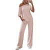 image:imageEkouaer Lounge Sets for Women Off ShoulderRight Short Sleeve Tops and Long Pants 2 Piece Set Summer Soft Matching OutfitBeige