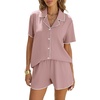 image:imageEkouaer Womens Ribbed Button Down Pajamas Sets 2 Piece Short Sleeve Shorts Pjs Knit Lounge SetsBlush Pink