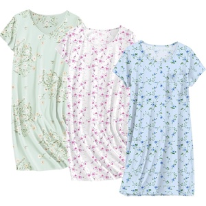 image:imageEkouaer Cotton Nightgowns for Women 3 Pack Sleepshirts Short Sleeve Night Shirt Tshirt Night Gown Print Sleepwear DressLittle DaisyBlue FloralWhite Pink Floral