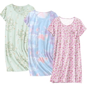 image:imageEkouaer Cotton Nightgowns for Women 3 Pack Sleepshirts Short Sleeve Night Shirt Tshirt Night Gown Print Sleepwear DressLittle DaisyPink FloralTie Dye