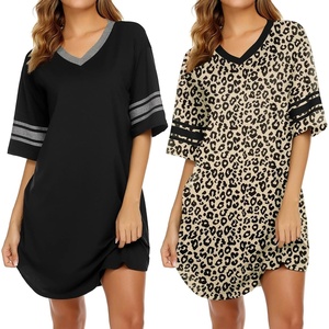 image:imageEkouaer Nightgowns for Women 2 Pack Sleepshirts Short Sleeve Nightshirt V Neck Sleepwear Casual Pajama DressBlackLeopard