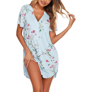 image:imageEkouaer Nightgowns for Women Button Down Night Gowns Short Sleeve Sleep Shirt V Neck Nightshirt Soft Sleepwear Pajams DressBlue Floral