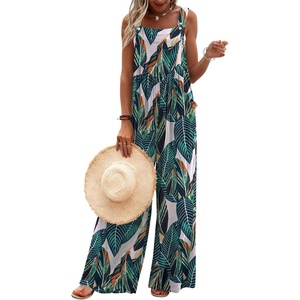 image:imageEkouaer Womens Casual Overalls Loose Wide Leg Jumpsuits Summer Boho Floral Printed Baggy Rompers with PocketsGreen White Leaves