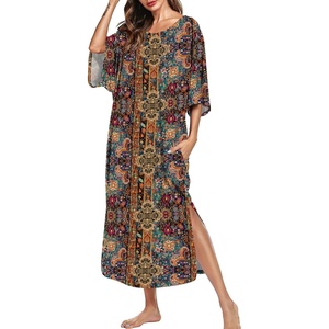 image:imageEkouaer Womens Nightgown Short Sleeve Sleepshirt Long Loungewear Casual Maxi Lounge Dress House Dresses with PocketsEthnic Floral Brown