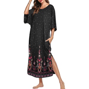 image:imageEkouaer Womens Nightgown Short Sleeve Sleepshirt Long Loungewear Casual Maxi Lounge Dress House Dresses with PocketsFloral Black