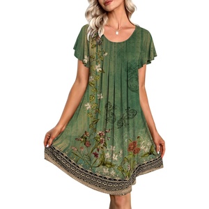 image:imageEkouaer Womens Nightgown Soft Sleepwear Pleated Sleepshirt Sleep Dress Short Sleeve Nightdress S3XLGreen Boho Floral