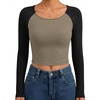 image:imageEkouaer Womens Long Sleeve Crop Tops Scoop Neck Raglan Shirts Slim Fit Underscrub Basic Fashion Clothing XSXXLMocha Black Combo
