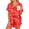 image:imageEkouaer Womens Satin Pajamas Set Button Down 2 Piece Silk Pjs Shorts Set Ruffle Lingerie Notch Collar SleepwearZchristmas Red