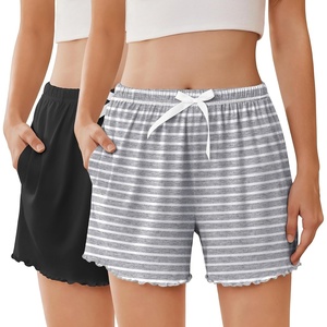 image:imageEkouaer 2 Pack Womens Pajama Shorts 2026 Summer Casual Lounge Sleep Short Ruffle Soft Comfy Pj Bottoms with PocketsBlackgray Stripe