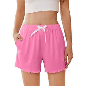 image:imageEkouaer 2 Pack Womens Pajama Shorts 2026 Summer Casual Lounge Sleep Short Ruffle Soft Comfy Pj Bottoms with PocketsPeachy Pink