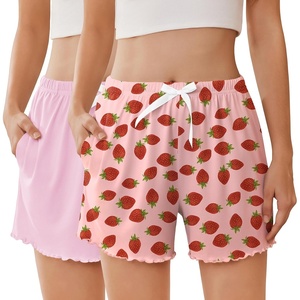 image:imageEkouaer 2 Pack Womens Pajama Shorts 2026 Summer Casual Lounge Sleep Short Ruffle Soft Comfy Pj Bottoms with PocketsPinkstrawberry