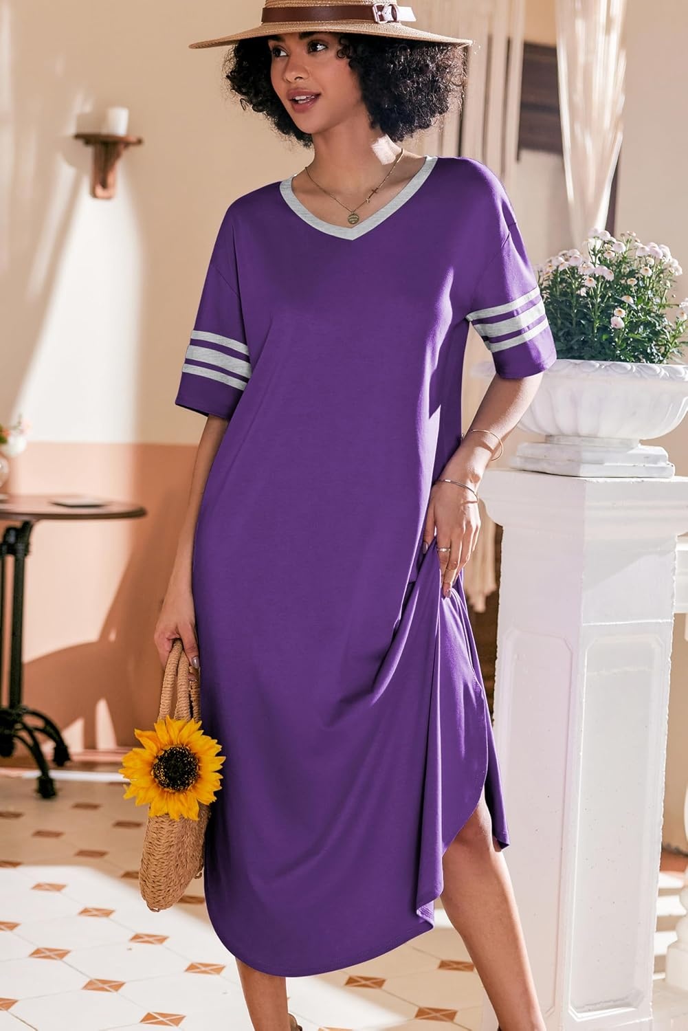 image:imageEkouaer Nightgowns for Women Long Nightgown Plus Size Moo Moos House Dress  Color Block Sleep Dress Short Sleeve Sleepwear V Neck Loungewear Oversized Lounge Dress M5XL Daily Wear Sleep HomePurple